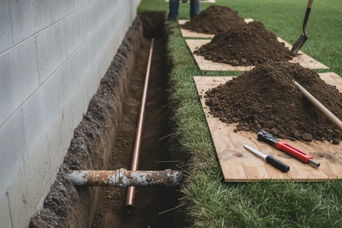 Excavated water line trench during Sewer Line Repair in Battle Ground